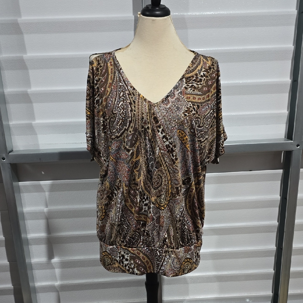 New Directions‎ Multicolor Paisley V-Neck Open Shoulder  Blouse Size 2X